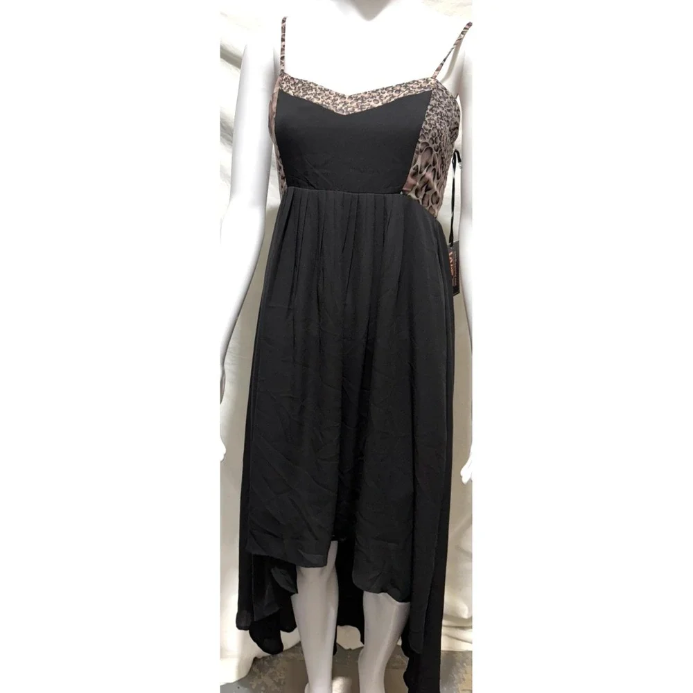 Tilly's Lira Medium Black With Leopard Print Hi Low Spaghetti Strap Sundress